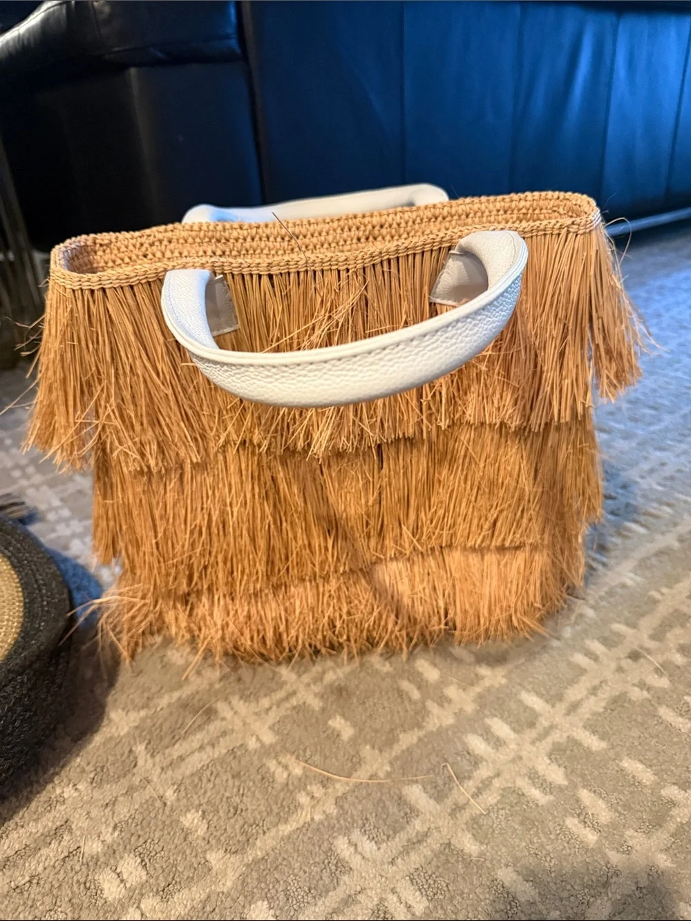 Sensi studio Fringed Straw Tote Bag with White Handles - Picture 1 of 5